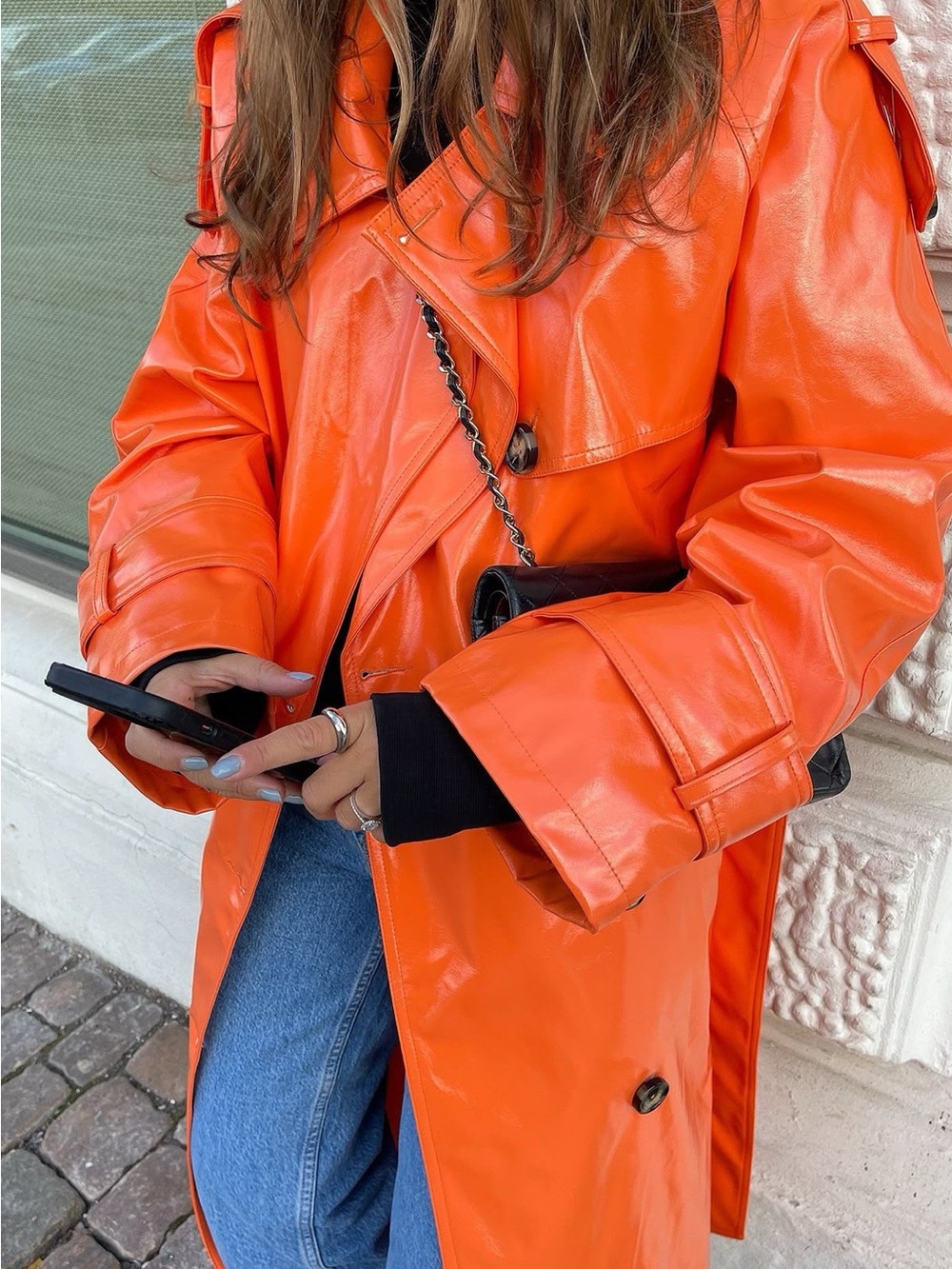 Shiny Belted Orange Trench Coat